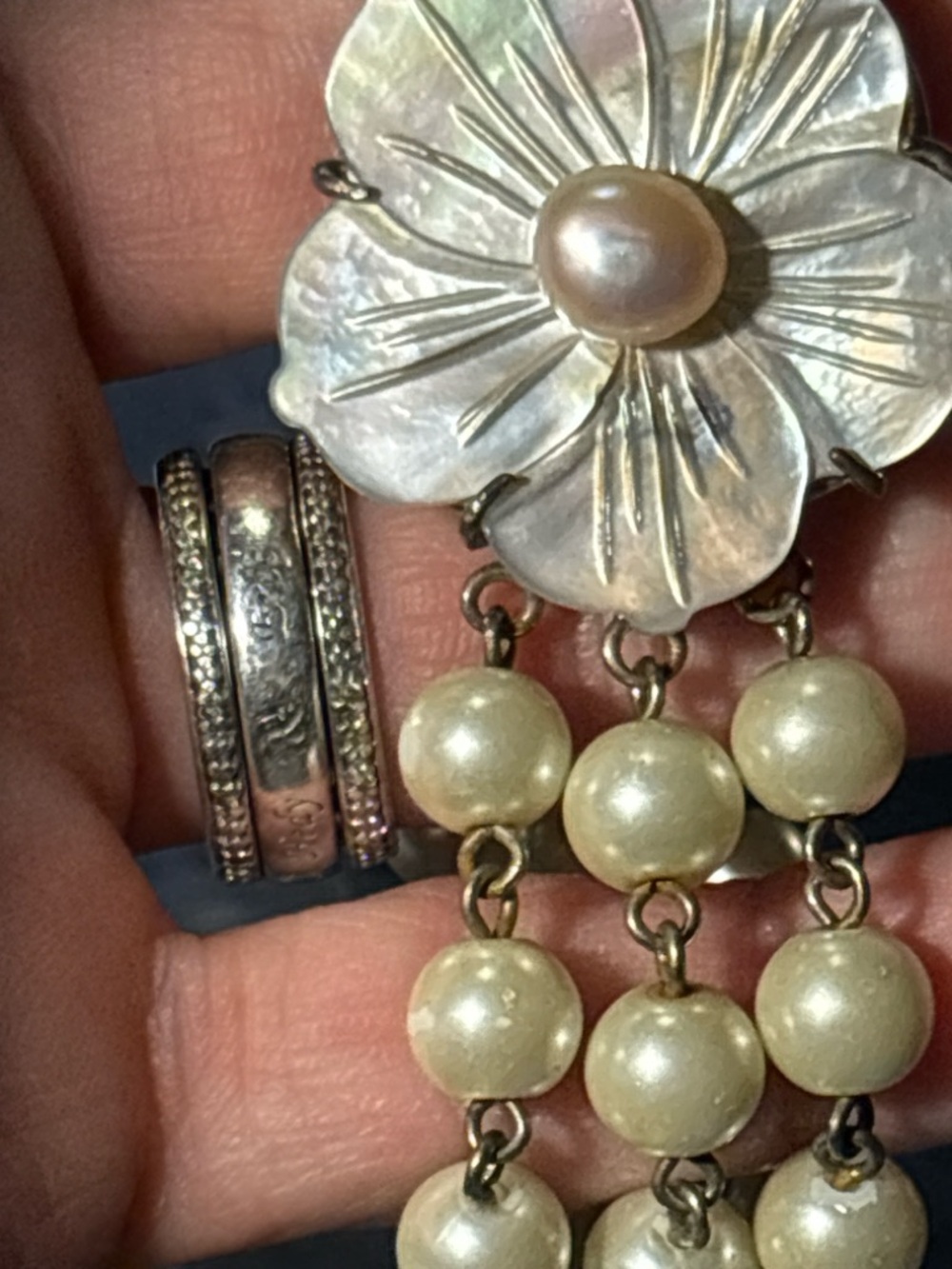 Mother of Pearl Flower w/real pearl center (Faux 3 Strand) statement bracelet